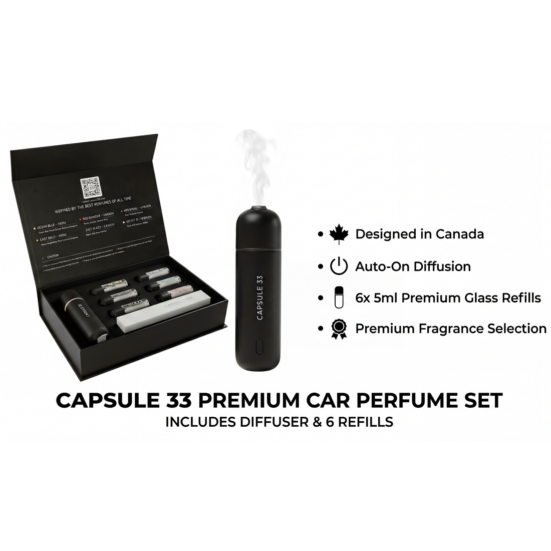 Capsule 33 car diffuser misting beside its box, designed in Canada with six 5 ml glass refills