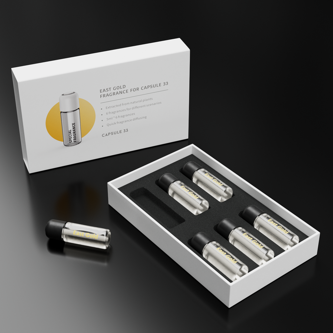 Capsule 33 refill fragrance box open with six 5 ml glass bottles
