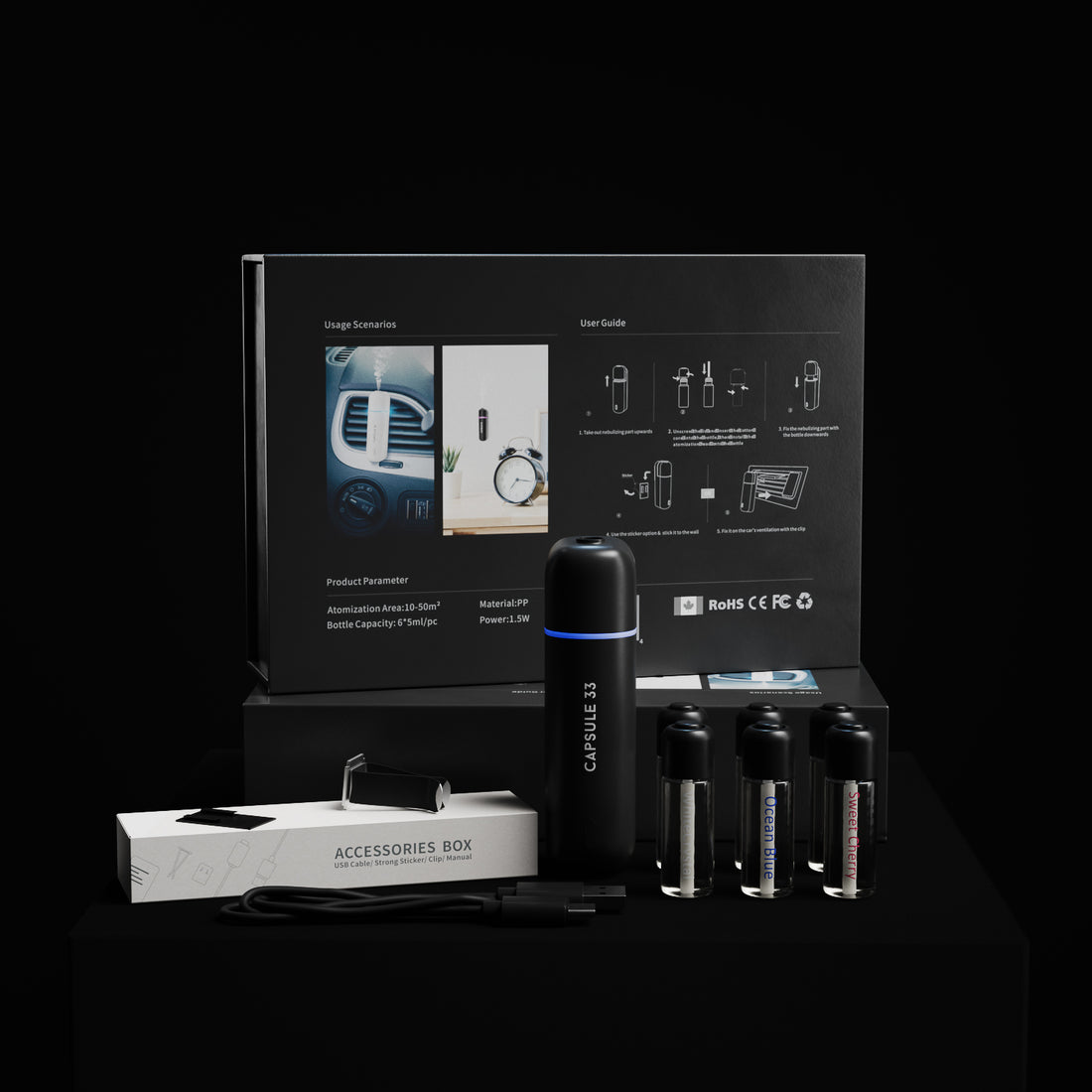 Capsule 33 car perfume starter pack on a dark background, box, diffuser and refill bottles
