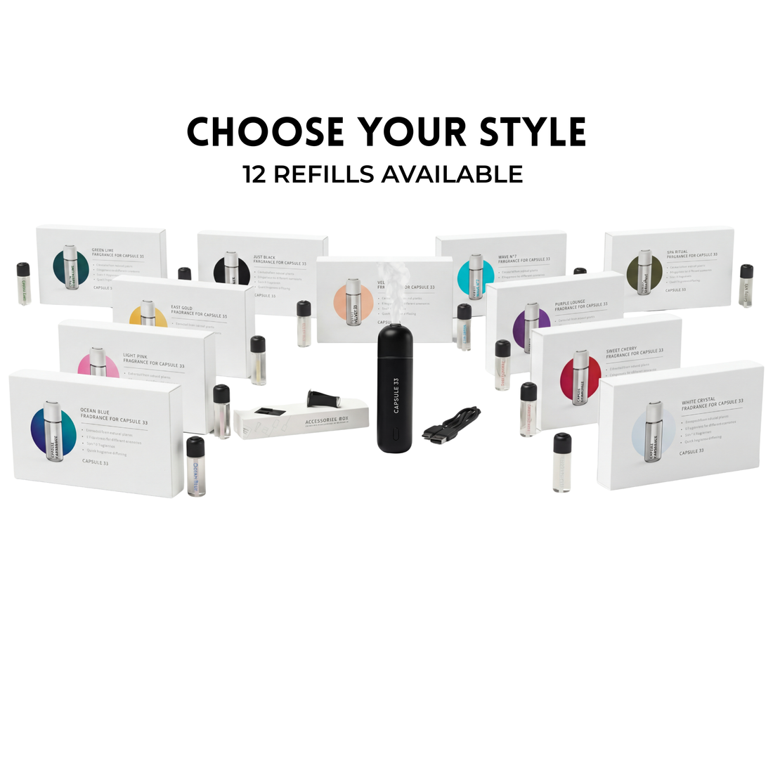 Twelve Capsule 33 refill fragrances available for the car diffuser