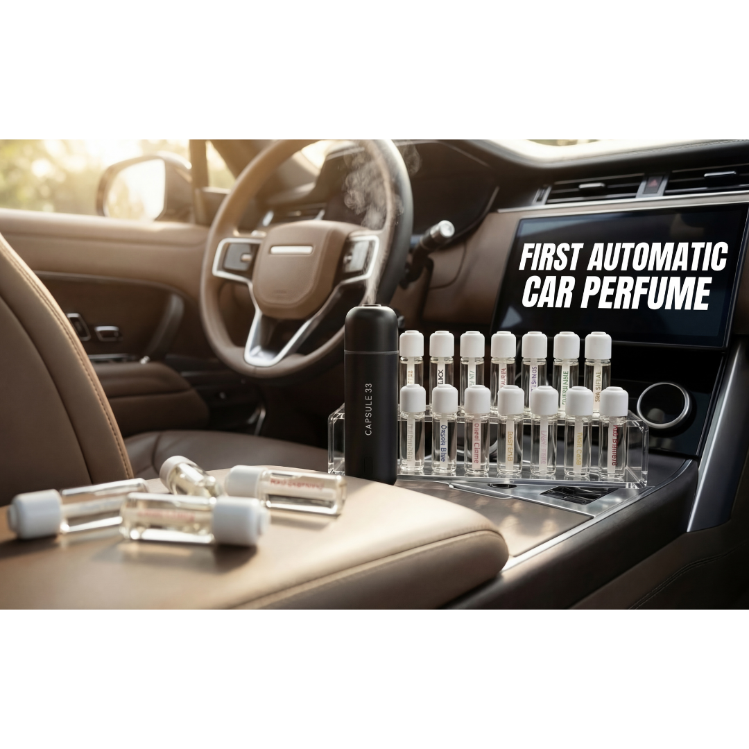 Capsule 33 automatic car perfume diffuser in a car interior with the refill bottle range