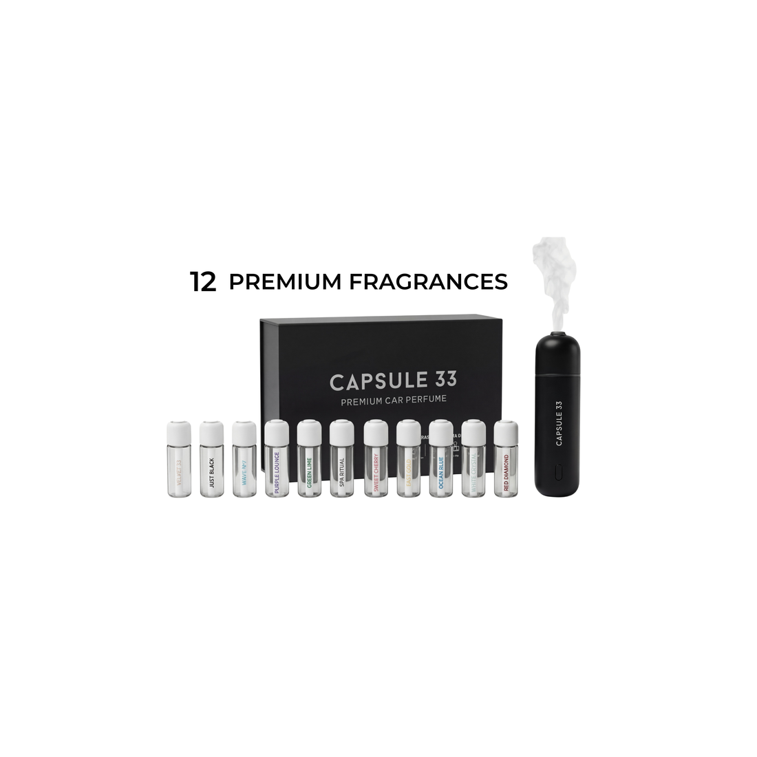 Twelve premium Capsule 33 refill fragrances lined up beside the black car diffuser
