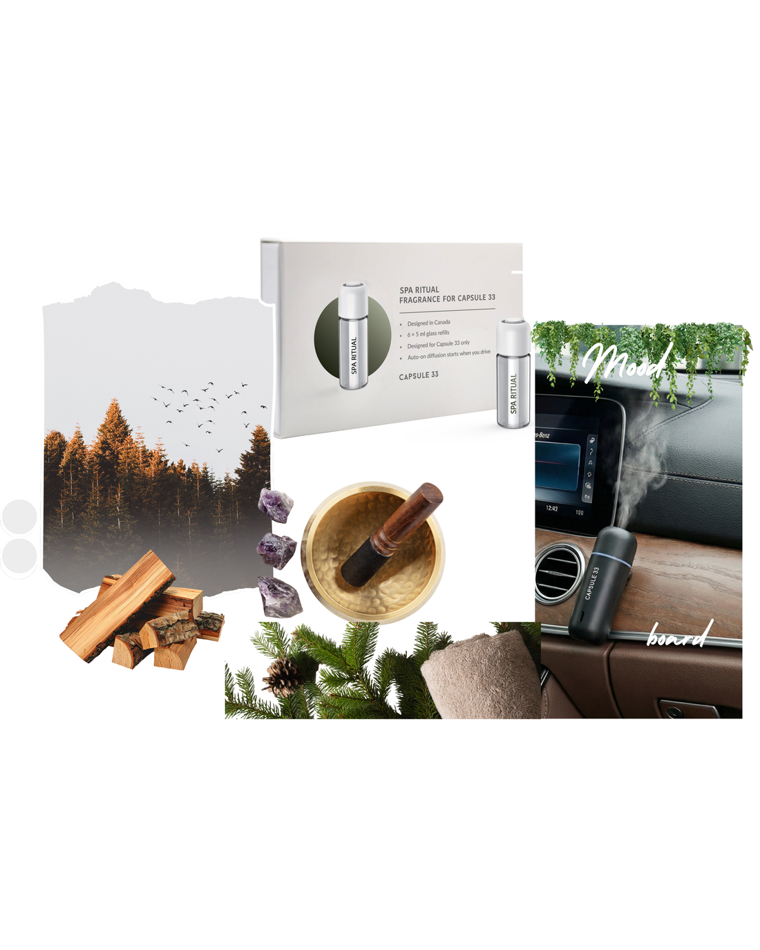 Spa Ritual refill fragrance for Capsule 33, forest, eucalyptus and cinnamon mood board