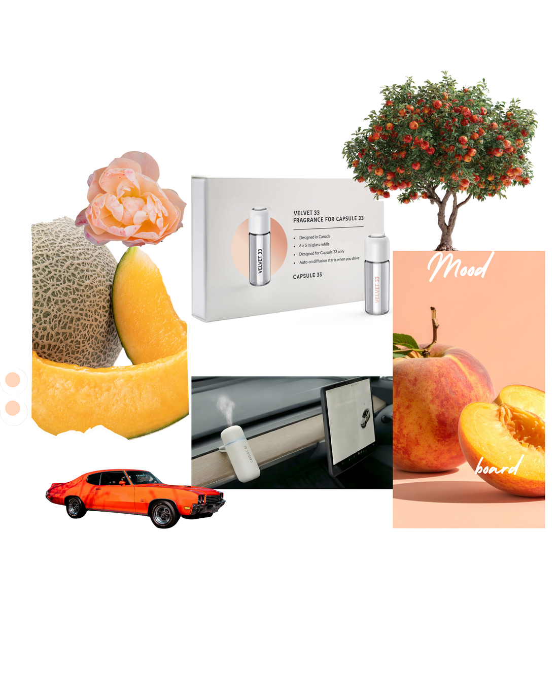 Velvet 33 refill fragrance mood board for Capsule 33, peach and soft fabric