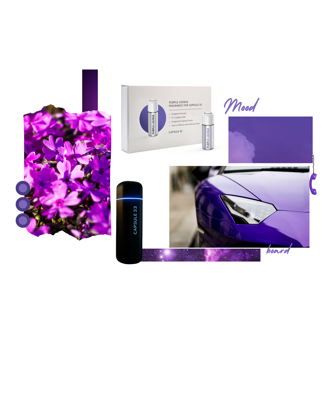 Purple Lounge refill fragrance for Capsule 33, mood board with the diffuser and a car interior