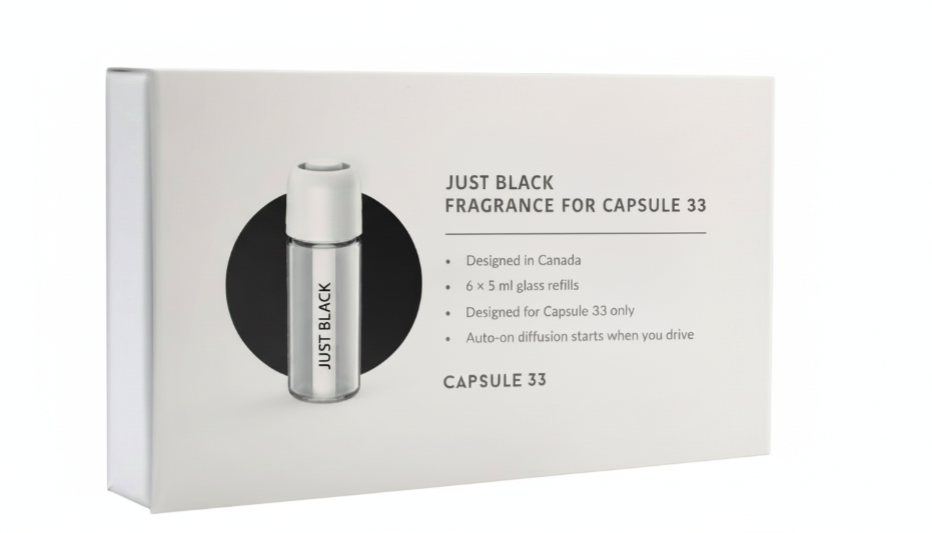 Just Black refill fragrance for Capsule 33, box with a 5 ml glass bottle