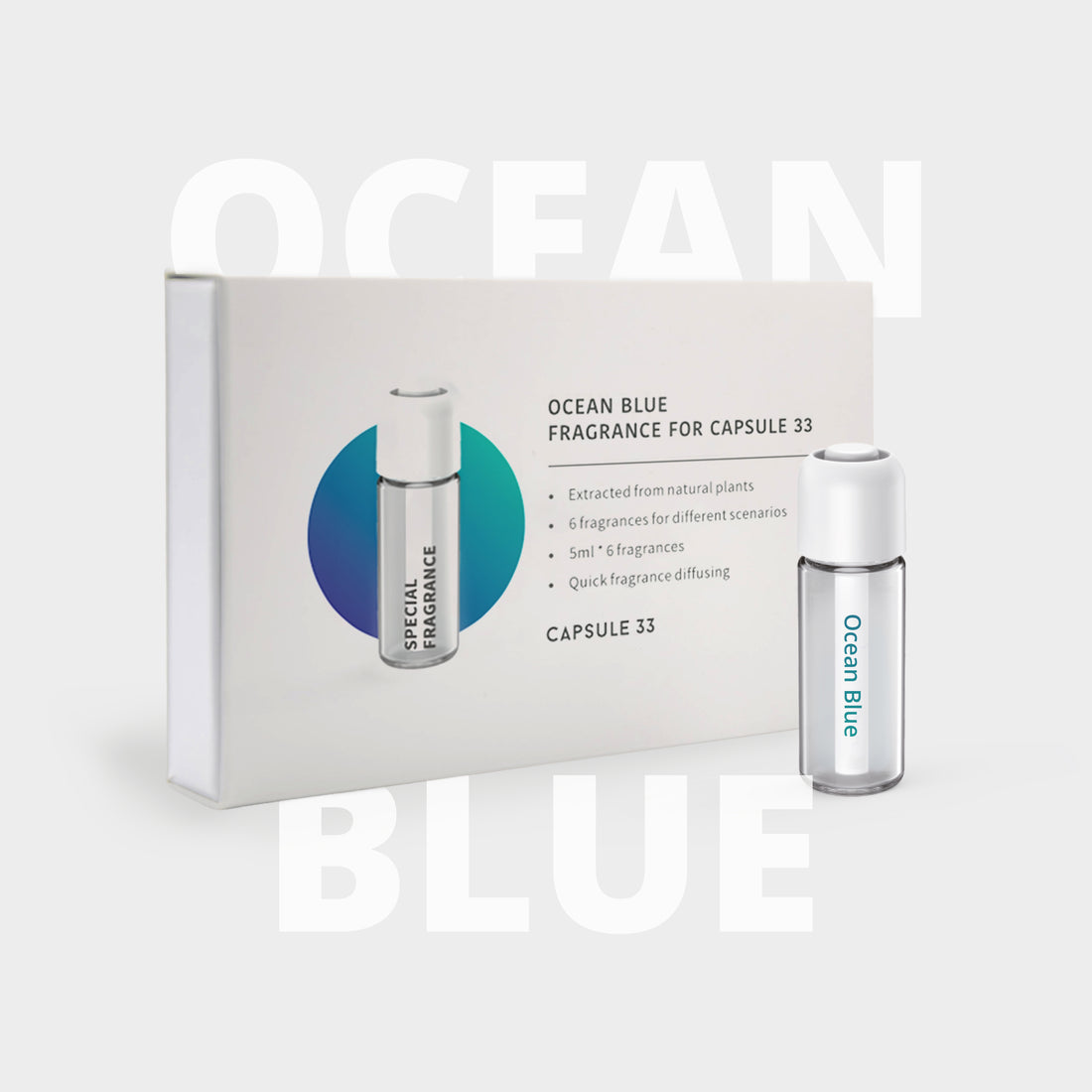 Ocean Blue refill fragrance for Capsule 33, box with a 5 ml glass bottle