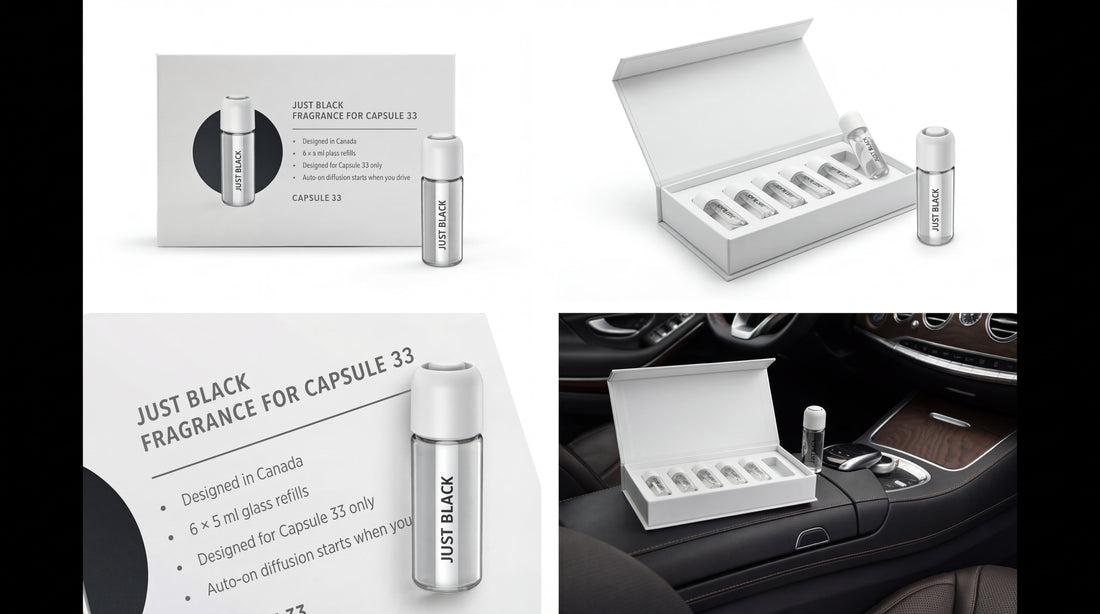 Just Black refill fragrance for Capsule 33 shown with the diffuser in a car interior