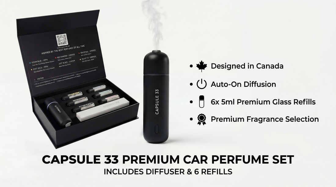 Capsule 33 premium car perfume set, diffuser with six 5 ml glass refills, designed in Canada