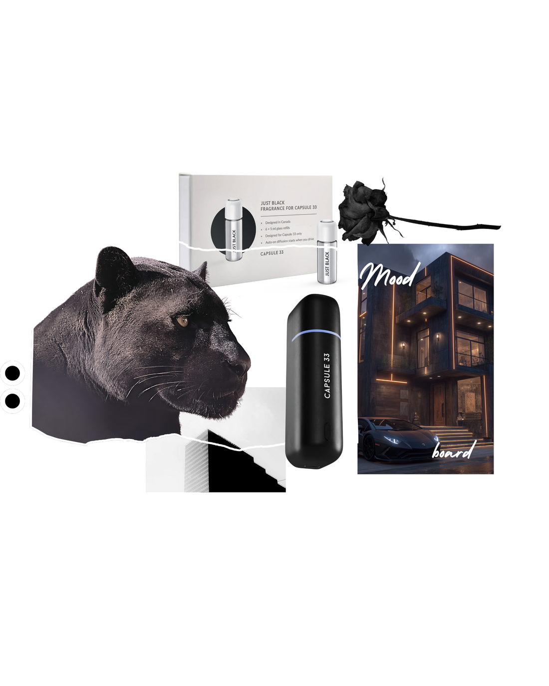 Just Black refill fragrance mood board for Capsule 33, leather and dark woods at night