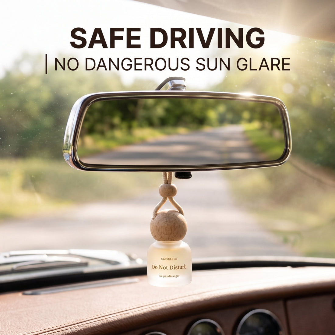 Capsule 33 Classic car perfume hanging from a rear view mirror, matte bottle with no sun glare